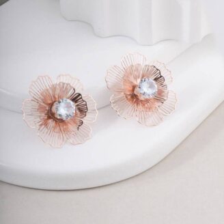 Rose Gold Plated Floral Stud Earrings with Diamond Look Stone