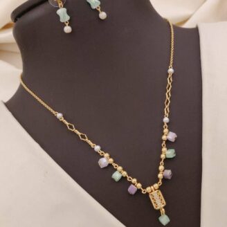 Gold Plated Beaded Necklace Set with Color Stones & Earrings – Festive Wear